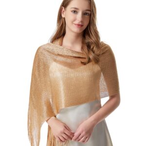 شال باشمينا لامع بطول 190 سم مع شراشيب لحفلات الزفاف والعروس ووصيفات العروس والحفلات المسائية وشال ذهبي رفيع وعصري وكبير الحجم بعرض 45 سم