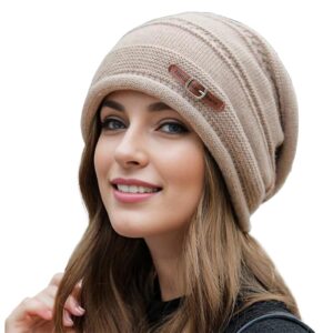 قبعة صغيرة فضفاضة مبطنة بالصوف للنساء شتوية ناعمة محبوكة على شكل جمجمة دافئة قابلة للتمدد مناسبة لجميع الاحجام اكسسوار انيق للاماكن الخارجية - هدية رائعة للعطلات كاكي