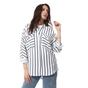 قميص غير رسمي مخطط بأزرار من أعلى لأسفل وأكمام طويلة للنساء، 3678