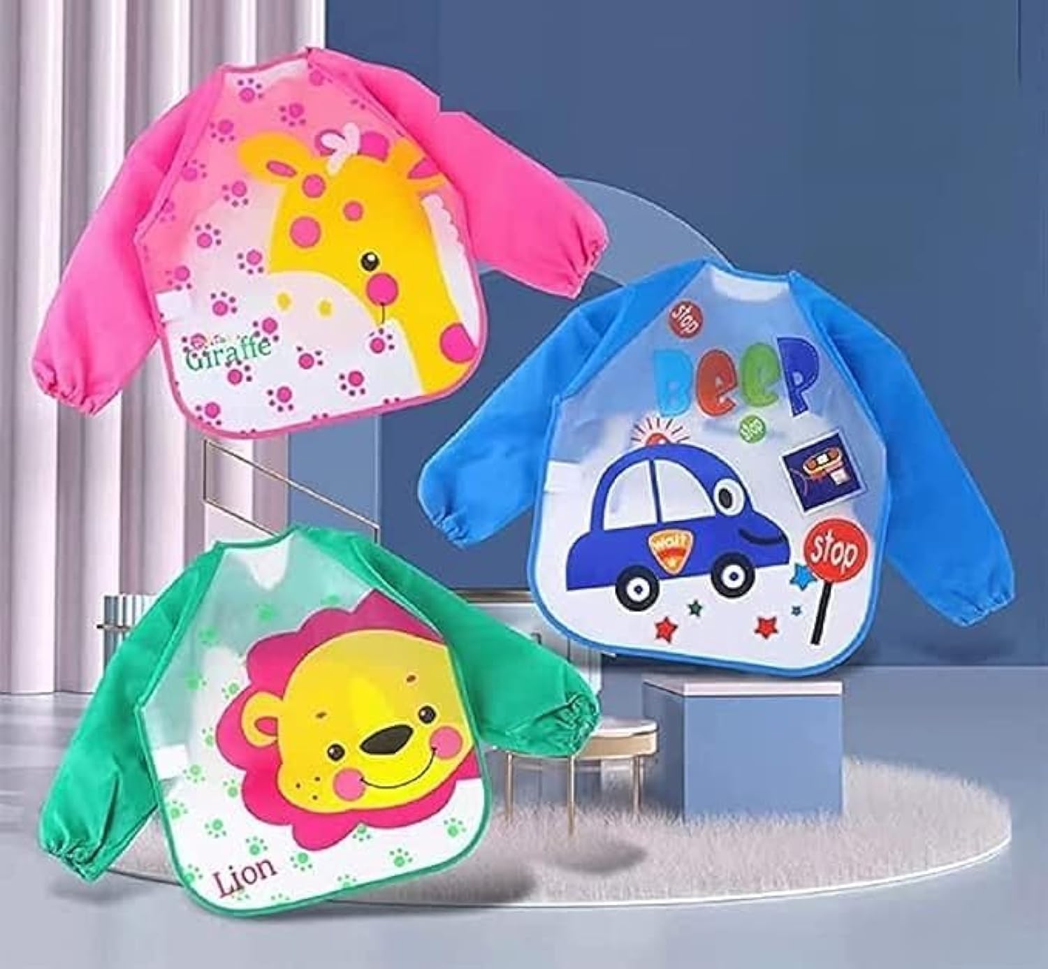 71aXnT6LZiL بافتة طعام بأكمام طويلة مقاومة للماء بتصميم كرتوني لطيف وجميل للأطفال الرضع والصغار من الجنسين بعمر 6 أشهر إلى 3 سنوات (قطعة واحدة) متعددة الألوان