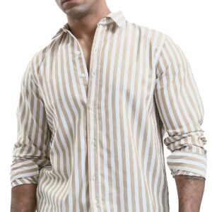 تيشرت عصري بأكمام طويلة وأزرار كاملة للرجال من ريفين، بلون بيج فاتح وأبيض