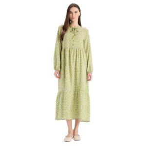 فستان من نسيج محبوك برقبة دائرية وقصة ذو كشكشة متدرجة على شكل جيبة وأكمام طويلة للنساء موديل E0480AX من ديفاكتو