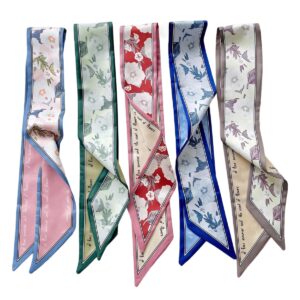 حنايا وشاح شعر للنساء من 5 قطع، وشاح حريري بوهو انيق للنساء، وشاح للرقبة بطباعة زهور متنوعة، اوشحة للراس لتصفيف الشعر، شرائط شنطة يد - 34 انش × 2.7 انش