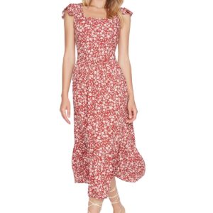 فستان فيسكوز متوسط الطول منسوج برقبة مربعة وطبعة زهور للنساء TWOSS20EL3331 من تريندول