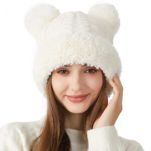 قبعة صغيرة محبوكة مع فرو بوم بوم من ازوني، قبعة صغيرة دافئة للشتاء للنساء والفتيات، قبعة منسوجة مكتنزة مع بطانة من الصوف للطقس البارد (ابيض)