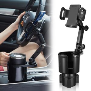 Cup Holder Phone Mount, 2 in 1 Cup Holder Expander for Car Long Arm with 360°Rotation Cup Holder Cell Phone Holder for Car Compatible with All Smartphones