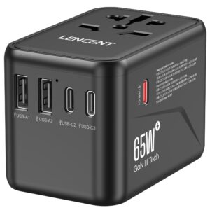 LENCENT Universal Travel Adapter, GaN III 65W International Charger with 2 USB Ports & 3 USB-C PD Fast Charging Adaptor, Worldwide Wall Charger for iPhone,Galaxy,Laptops, Type A/C/G/I (USA/UK/EU/AUS)