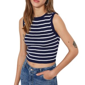 ترنديول بلوزة محبوكة قصيرة مخططة للنساء بلون كحلي Twoss23Bz00584 (عبوة من قطعة واحدة)