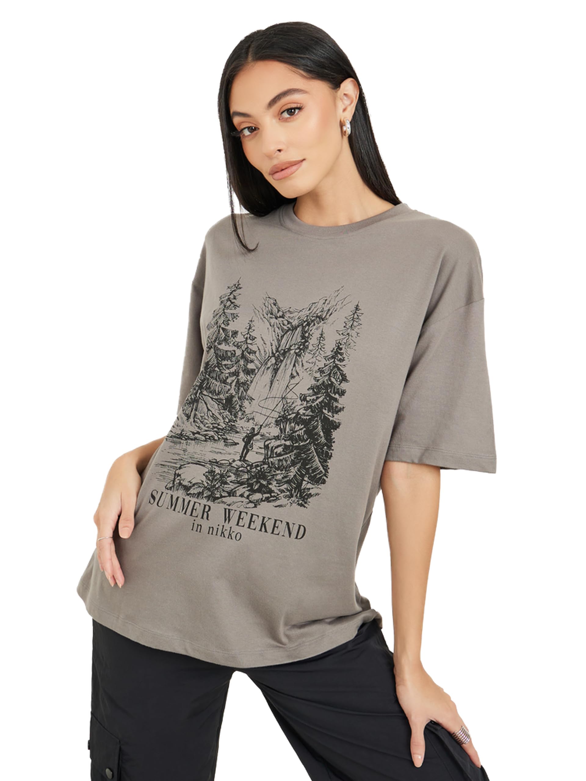 71iOABC-ngL تيشيرت طويل مطبوع عليه رسومات كبيرة للنساء من ستايلي