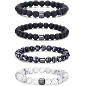 مجموعة اساور قابلة للتمدد من 4 قطع من حجر اللافا والخرز الطبيعي للرجال والنساء، مجموعة اساور بليسينجز من خليط معدني للهدايا والارتداء اليومي
