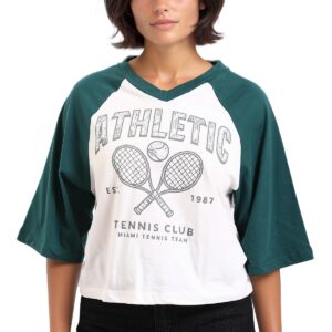 ريفين تي شيرت نسائي مطبوع بلونين ورقبة على شكل حرف V - اخضر داكن وابيض عصري (عبوة من قطعة واحدة)