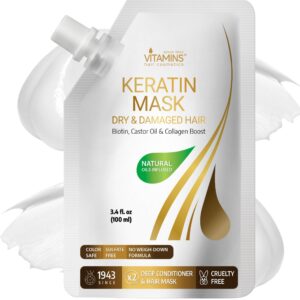 مستحضرات شعر فايتامينز بلسم عميق لقناع الكيراتين - بروتين البيوتين مع زيت الخروع لاصلاح الشعر الجاف التالف والمعالج بالالوان - علاج مرطب للشعر المجعد او المستقيم الرقيق (حجم مناسب للسفر)