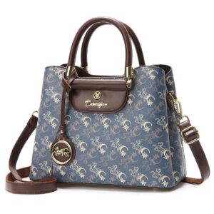 محافظ وحقائب يد للنساء، حقائب كتف عصرية للسيدات، حقيبة يد بمقبض بطباعة رترو (ازرق)