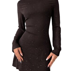 فساتين قصيرة لامعة بدون ظهر ورقبة قارب واكمام طويلة للنساء من جورجليتر، فستان سهرة مناسب للخروج