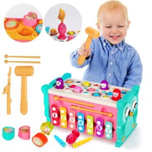 لعبة تعليمية مونتيسوري من نوع 8 في 1، مناسبة للجنسين من عمر سنة إلى 4 سنوات، تتميز بتصميم متعدد الوظائف يشمل الصيد والإكسيليفون. تساعد في تطوير المهارات الحركية والتعلم المعرفي.