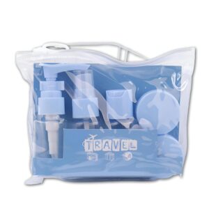 زجاجات سفر بلاستيكية صغيرة وفارغة قابلة لإعادة التعبئة من 5 قطع بخاخة وعلبة للكريم وموزعات تعمل بالضغط بحجم مناسب للسفر لمنتجات العناية الشخصية مع كيس تخزين شفاف (اللون: أزرق)