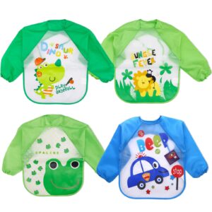 مريلة اطفال طويلة الاكمام مقاومة للماء وقابلة للغسل من باوجاير لاطعام الاطفال والرضع من الجنسين، من مادة ايفا سهلة المسح والتنظيف لمرحلة الفطام، بالوان مشرقة للرسم واللعب وتناول الطعام - 4 قطع