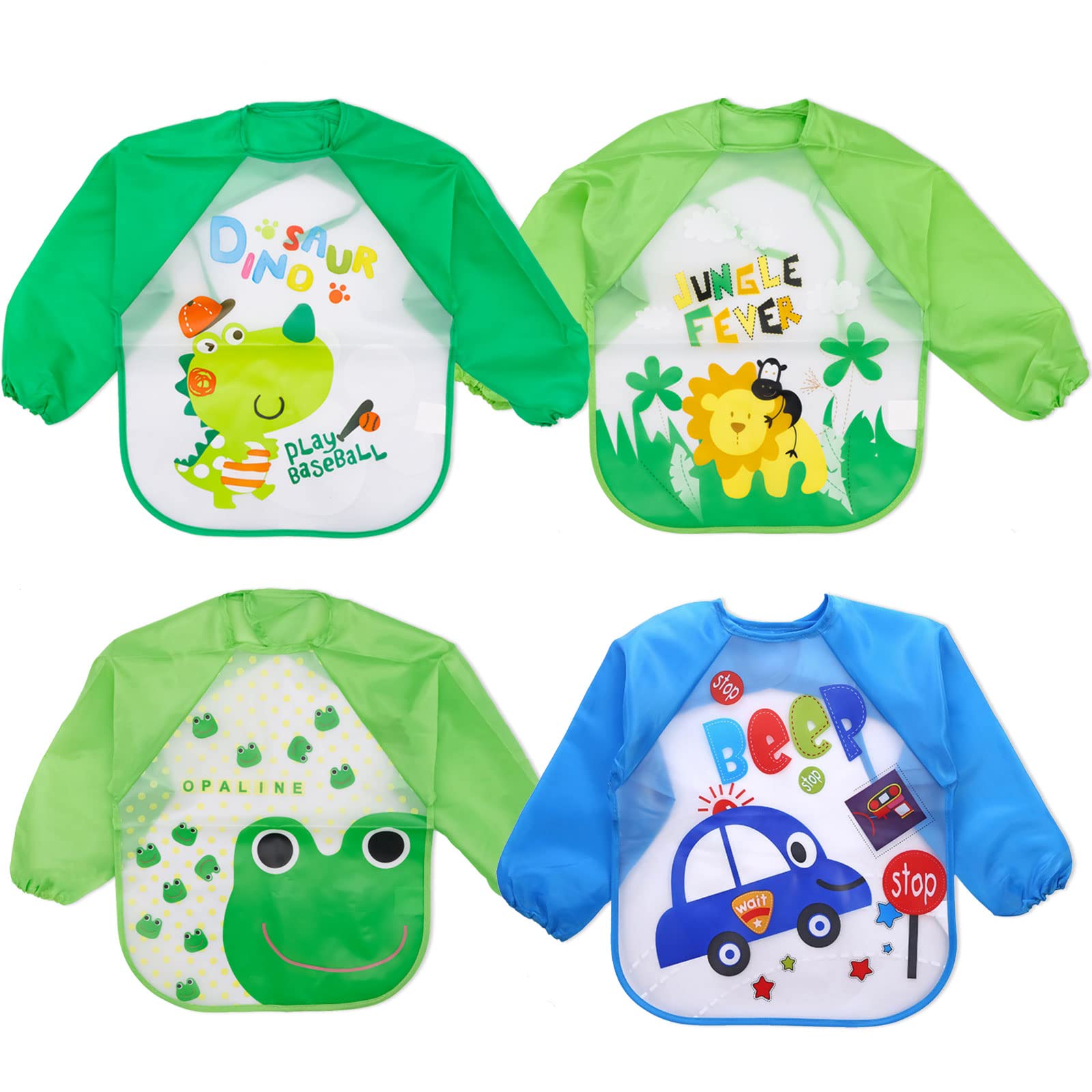 71mmnuEFYwL مريلة اطفال طويلة الاكمام مقاومة للماء وقابلة للغسل من باوجاير لاطعام الاطفال والرضع من الجنسين، من مادة ايفا سهلة المسح والتنظيف لمرحلة الفطام، بالوان مشرقة للرسم واللعب وتناول الطعام - 4 قطع