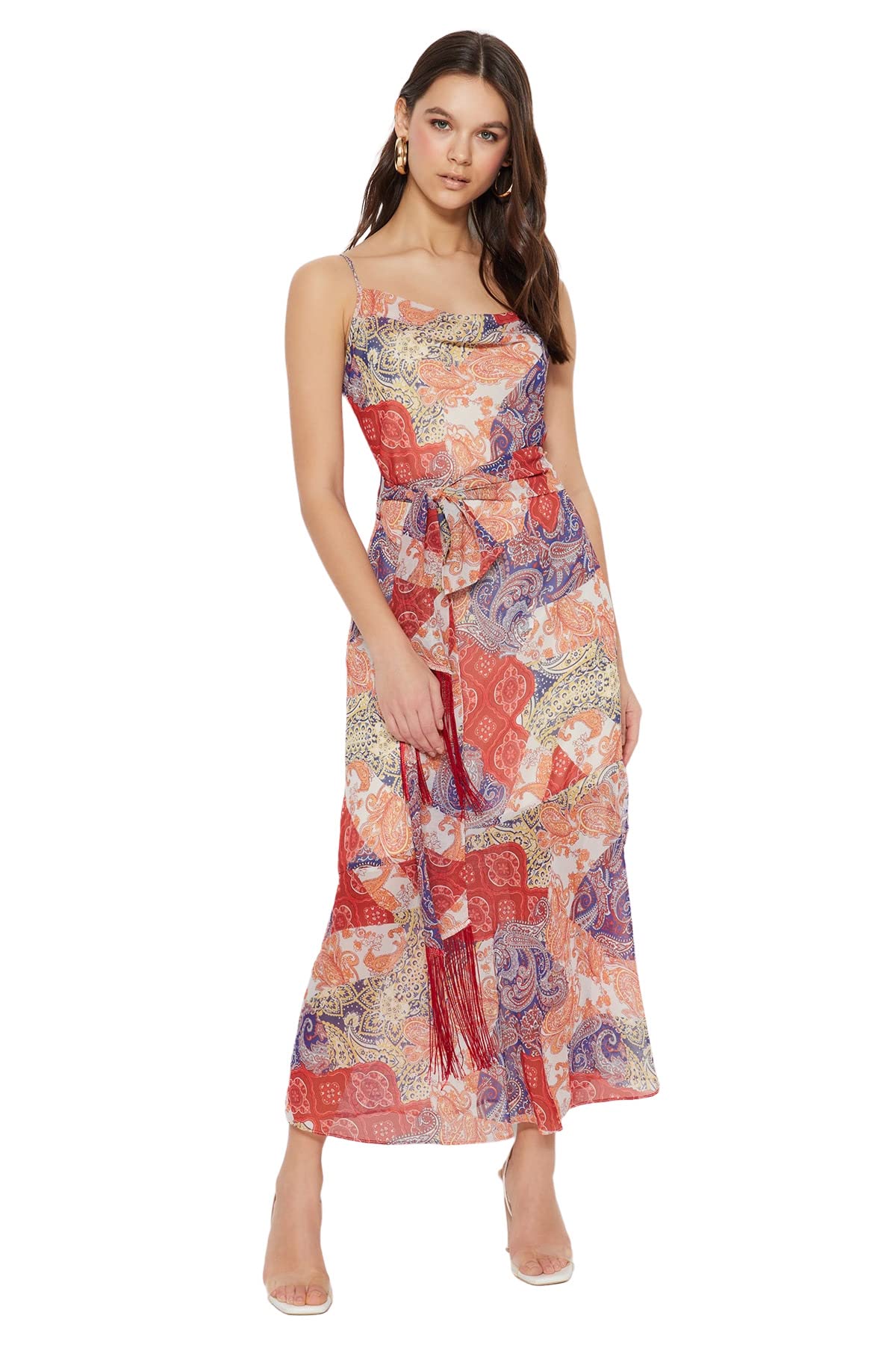 71nCS6MIB5L فستان ماكسي طويل بتصميم منسوج مبطن بحزام وشراشيب ونمط ضيق من أعلى وواسع من أسفل للنساء متعدد الألوان من 1 قطعة موديل TWOSS23EL01777 من ترنديول