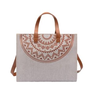 شنطة يد كبيرة توت من الكتان للنساء، تصميم تطريز دائري فني، مقابض جلدية وحزام قابل للتعديل، شنطة لليد وللكتف للاستخدام اليومي للعمل والجامعة أو النزهات الكاجوال من جيرلي