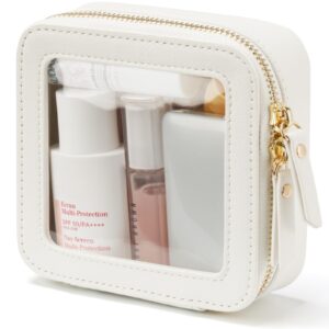 شنطة مستحضرات تجميل صغيرة للمدرسة مكياج شفافة لطيفة للسفر منالصغير منظمة للمكياج الظهر وادوات الزينة مربعة مقاومة للماء - سحاب لون ابيض بوبفايب جلد صناعي