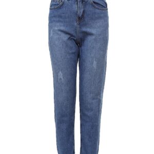 بنطلون جينز كلاسيكي بخصر مرتفع مناسب للامهات، لون ازرق دينيم، مقاس مريح، 9371