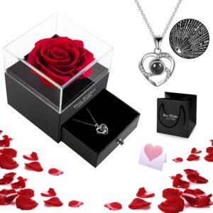 غوودرن وردة حقيقية خالدة مع قلادة فاخرة على شكل قلب 100 لغة رومانسية مصنوعة يدويا زهرة عصرية فضية هدية لطيفة للتعبير عن الحب للزوجةالامالاصدقاء فضي للنساء