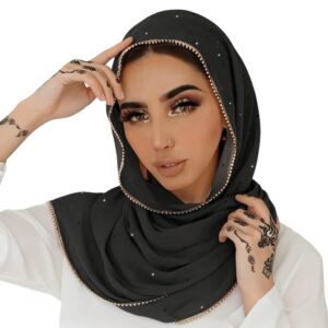 وشاح طويل للنساء من الشيفون الناعم مرصع باحجار الراين، شال عصري للحجاب الإسلامي