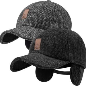 قبعة بيسبول شتوية للرجال مع غطاء للاذن، قبعة دافئة قابلة للتعديل للانشطة الخارجية والجولف والجري والمشي لمسافات طويلة والطقس البارد، اسود، رمادي، عبوة من قطعتين