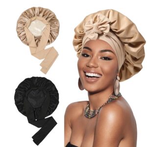 بونيه حريري للنوم، 22 موم بيور مالبيري، قبعة نوم حريرية للنساء مع لفافة شعر مرنة قابلة للعكس، اسود/ذهبي
