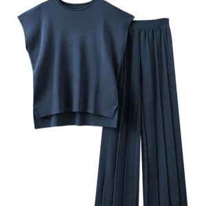 طقم ملابس للنساء مكون من قطعتين سويتر بلوفر محبوك وسروال عالي الخصر وبدلة رياضية للاسترخاء من تانمينج