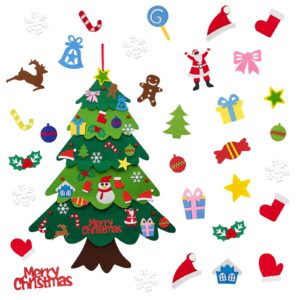 مجموعة شجرة كريسماس من اللباد 33 قطعة يمكنك تركيبها بنفسك - شجرة كريسماس بطول 3.3 قدم مع 32 قطعة من ديكورات الكريسماس التي تصنعها بنفسك، شجرة كريسماس مثبتة على الحائط، شجرة كريسماس من اللباد للاطفال