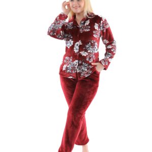 بيجامة نسائية مخملية بنقشة زهور، طقم قطعتين، متوفرة باللونين الكحلي والخمري ،طقم بيجامه حريمي من دعدوش