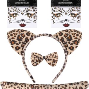 ميكنج تيك مجموعة زي تنكري على شكل جلد الفهد، شريط راس على شكل اذني قطة على شكل فيونكة وذيل ربطة عنق، ورقتان من ملصقات الوجه المؤقتة على شكل جلد الفهد لتزيين الحفلات التنكرية (نمط ليوبارد)، ذهبي