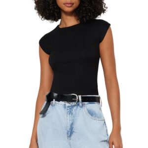 ترنديول بلوزة محبوكة من الفسكوز الفاخر بقصة مثقوبة واكمام واحدة للنساء، لون اسود، TWOSS23BZ00992