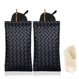 حافظة نظارات شمسية من جلد البولي يوريثين الناعم سهلة الفتح وخفيفة الوزن مع قطعتين من قماش التنظيف مضادة للخدش للنساء والرجال (اسود + اسود)