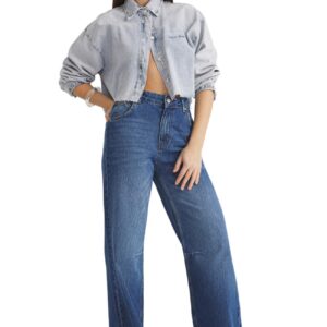 بنطلون جينز بقصة ساق واسعة وخصر عادي مزين بخياطة بلون أزرق للنساء من ترنديول TWOSS25JE00070