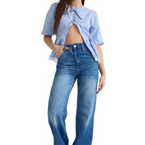 بنطلون جينز، موديل TWOSS25JE00056 بقصة ساق واسعة وخصر عادي للنساء من ترنديول بلون أزرق