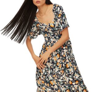 فستان منسوج متوسط الطول بتصميم ضيق من أعلى وواسع من أسفل بأكمام منفوخة ونمط زهور موديل TWOSS20EL2323 من 1 قطعة من ترنديول