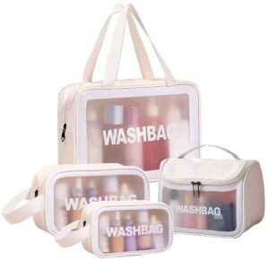 شنط مستحضرات تجميل من الجلد الصناعي الفاخر للنساء فيولفوك شنطة واسعة لتخزين ادوات الزينة وتخزين للبنات منظم سفر مقاوم للماء لاكسسوارات الحمام ومجموعة العناية الشخصية مجموعة 4 أبيض