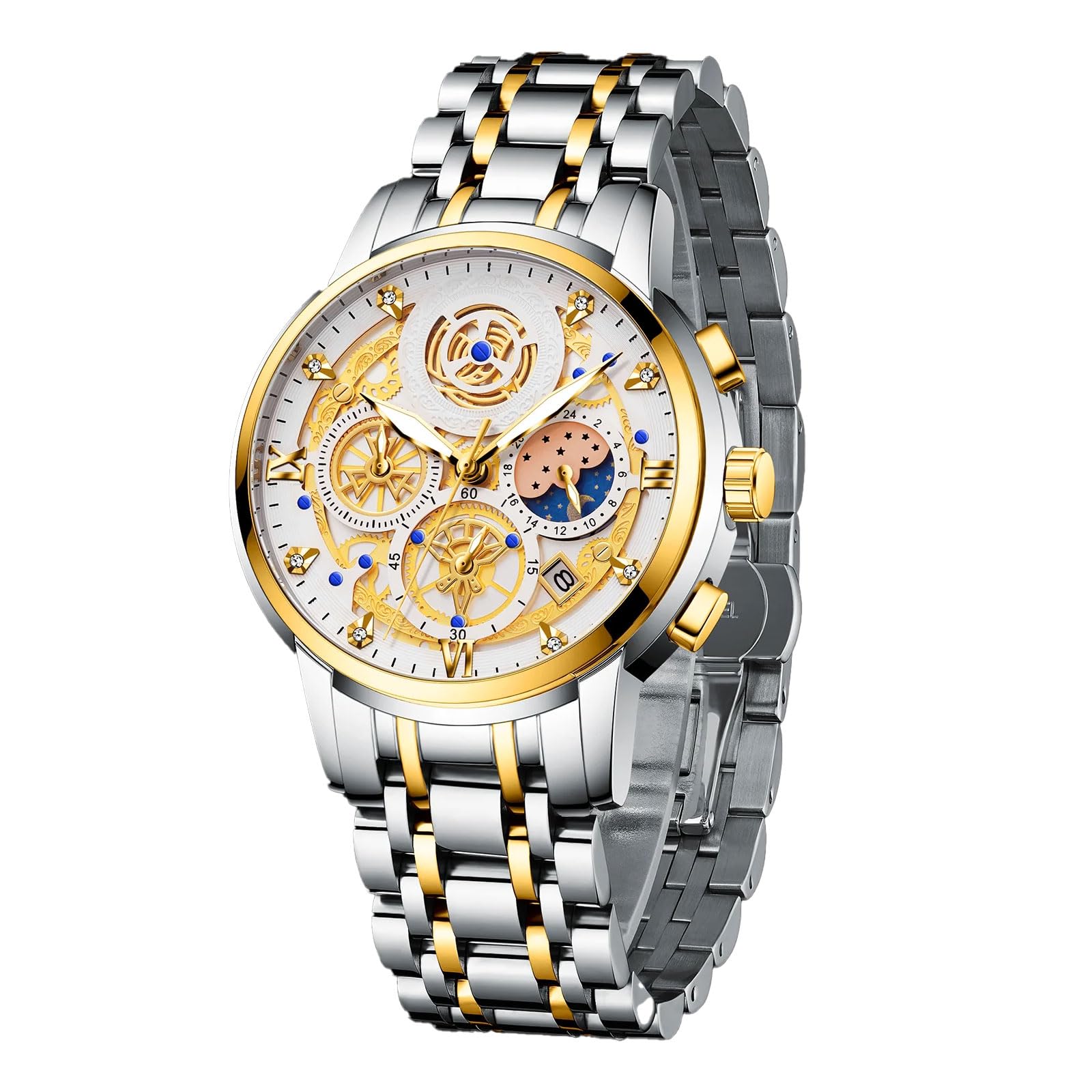 71xHc-Xc1wL ساعة يد كوارتز كرونوغراف فاخرة متعددة الوظائف للرجال بمينا مضيئة وسوار ستانلس ستيل مقاوم للماء