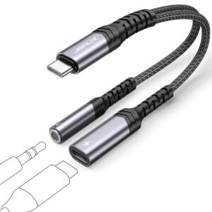 JSAUX USB C to 3.5mm Jack and Charger Adapter, 2-in-1 USB C to Aux Audio Jack Adapter with PD 60W Fast Charging Compatible with iPhone 15 Pro Max, Samsung Galaxy S23/S22 Ultra, Pixel 7/6, iPad-Grey