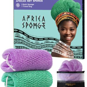 اسفنجة شبكية افريقية لتقشير البشرة - قطعتان من الاسفنج الشبكي الافريقي الاصلي مع عقد - اقمشة تقشير للجسم بنمط امواج البحر والبنفسجي الفاتح - مقشر الظهر للاستحمام