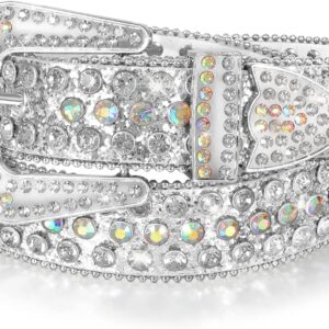 حزام جلد مرصع باحجار الراين للرجال والنساء، بعرض 1.5 انش مع مشبك فضي عصري، حزام متين من جلد البولي يوريثين للجينز والسراويل، اكسسوار انيق من ازوني (مقاس الخصر 41 انش)