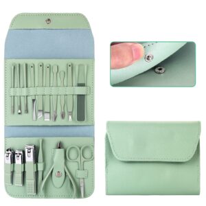 مجموعة قصافة أظافر، مجموعة عناية بالأظافر 16 في 1 من الفولاذ المقاوم للصدأ، أدوات العناية بالأظافر وتنظيف الأذن، أدوات مانيكير وباديكير مع حافظة من الجلد الصناعي للسفر من اوميمكساي بلون أخضر (Matcha)
