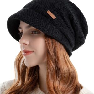 ميكنج تيك قبعة محبوكة للنساء مع حافة حاجب للشتاء صغيرة فضفاضة مبطنة بالصوف الدافئ على شكل جمجمة قبعات ثلج ناعمة قابلة للتمدد ودافئة للتزلج أسود قياس واحد