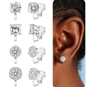 4 ازواج من اقراط الزركونيا المكعبة بمشبك للنساء، مجموعة اقراط مرصعة بالزركونيا المكعبة غير مثقوبة، اقراط بمشبك بلون لا تسبب الحساسية لحفلات الزفاف والحفلات والرقص والارتداء اليومي (فضي)