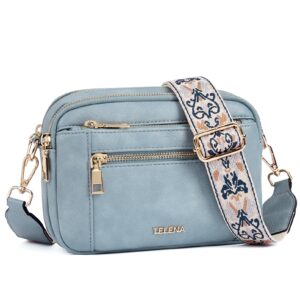 تيلينا شنطة كروس صغيرة للنساء من الجلد النباتي مع حزام عريض قابل للتعديل للحياة اليومية، ازرق دينيم، مقاس S، انيقة