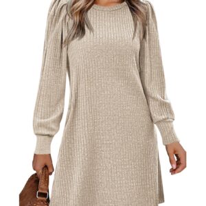 كاستويف فستان سويتر منسوج باكمام منفوخة للنساء، قصة ضيقة، تونيك برقبة دائرية، فستان انيق محبوك للخريف والشتاء، لون مشمشي مقاس XL