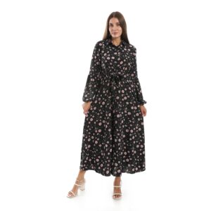 فستان ماكسي بأكمام طويلة مزين بالورود للارتداء اليومي للنساء من اندورا